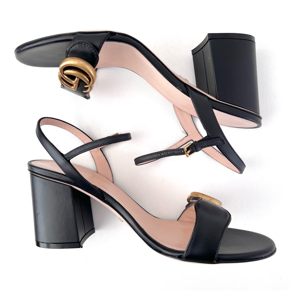 GUCCI | Marmont Double GG Black Leather Mid Heel Block Sandal EU 37.5 US 7.5 - Picture 9 of 14